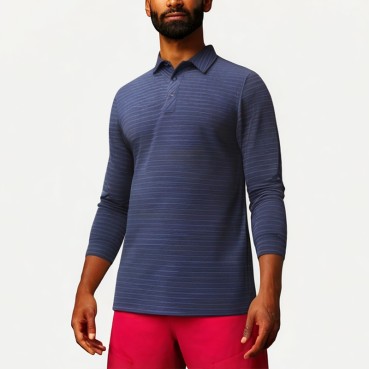Men's Lightweight Breathable Striped Long Sleeve Polo Shirt