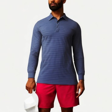 Men's Lightweight Breathable Striped Long Sleeve Polo Shirt