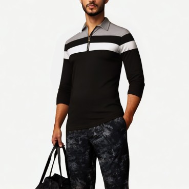 Men's Contrast Long Sleeve Polo Shirt