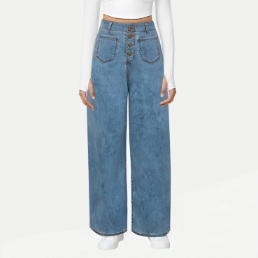 Women's Button Fly Wide Leg Jeans