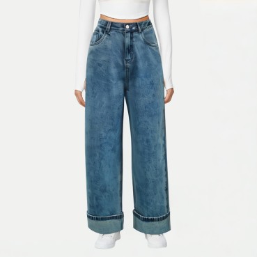 Loose Turned-Up Wide-Leg Jeans