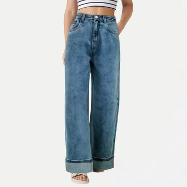 Loose Turned-Up Wide-Leg Jeans