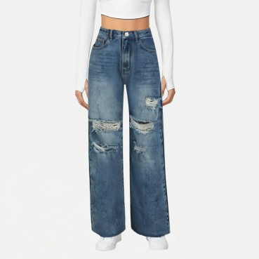 Women's Ripped Wide-Leg Jeans