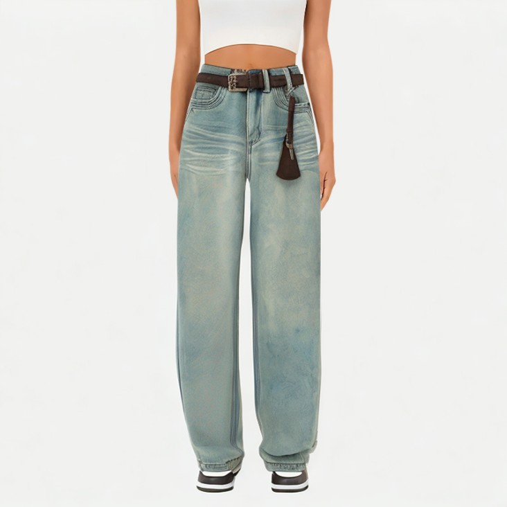 High-Waisted Washed Wide-Leg Jeans