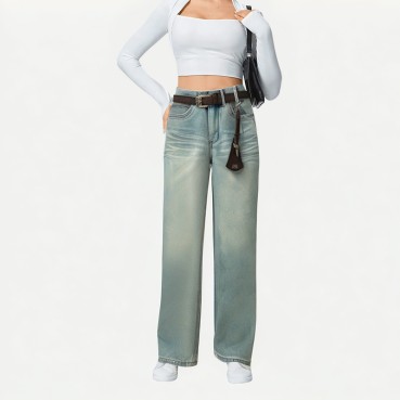 High-Waisted Washed Wide-Leg Jeans