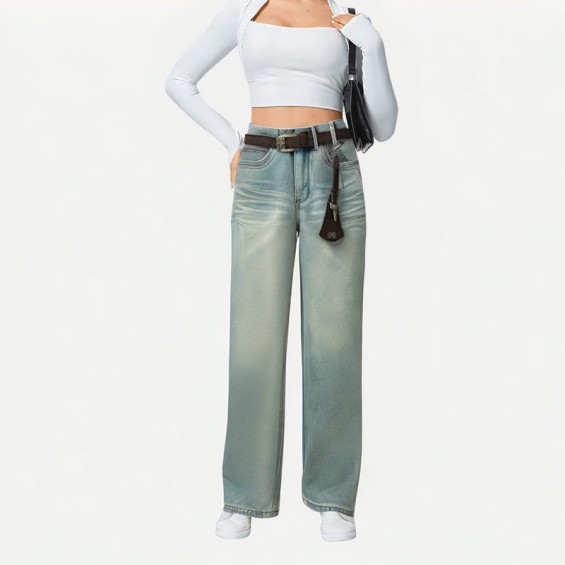High-Waisted Washed Wide-Leg Jeans