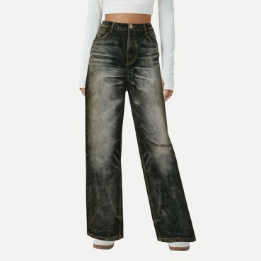 High Quality Distressed Brown Wide Leg Women's Jeans