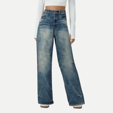 Vintage Embroidered Washed Women's Wide Leg Jeans