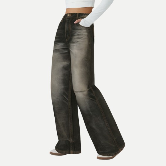 High Quality Distressed Brown Wide Leg Women's Jeans