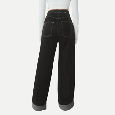 Women's Black Vintage High Street Straight Jeans