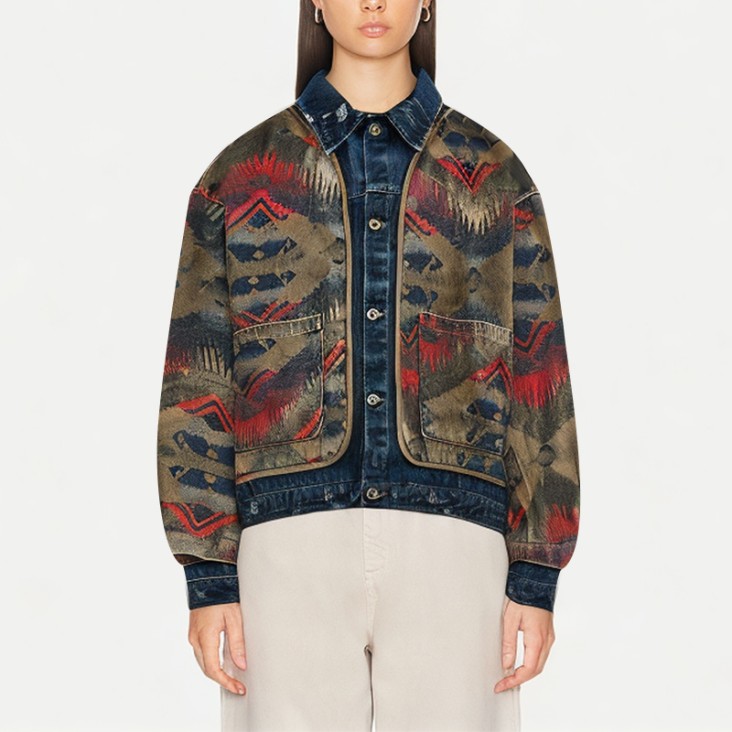 Women's Washed And Distressed Ethnic Style Denim Jacket