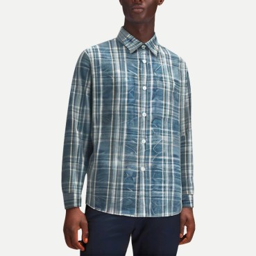 Men's Retro Blue Plaid Long Sleeve Shirt
