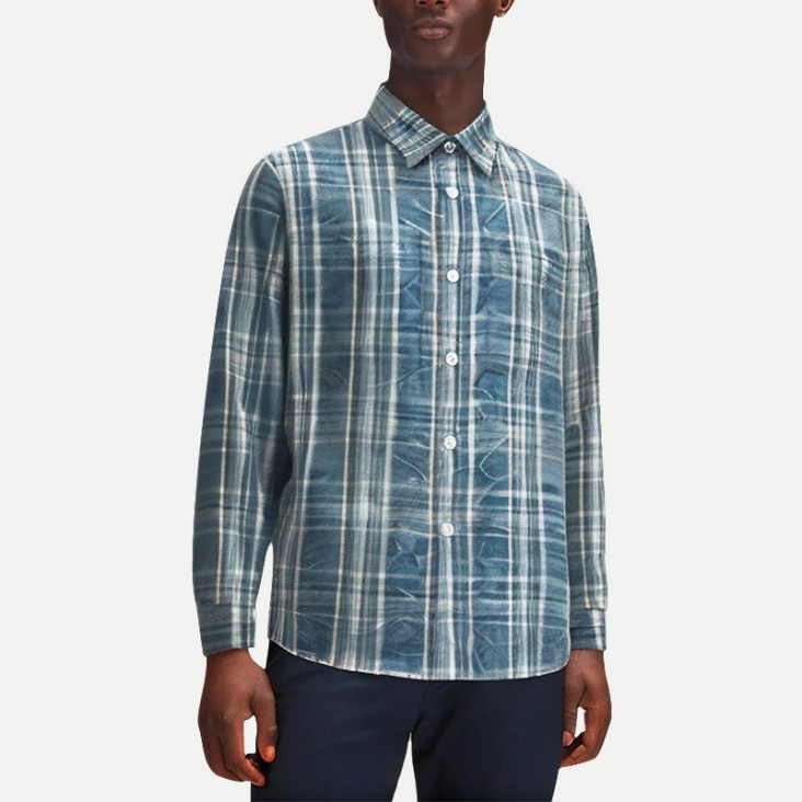 Men's Retro Blue Plaid Long Sleeve Shirt